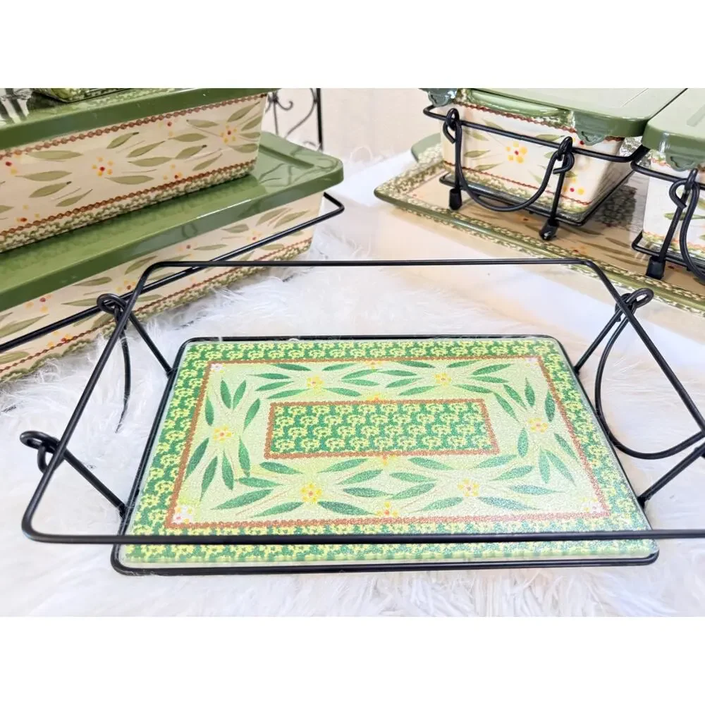 Temptations 10pc Ceramic Rectangular Baking Dish w/ Lid 2.5 qt Green/White 500°F